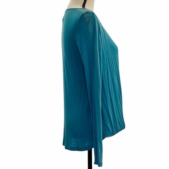 GILLIO Teal Blue Drapey Surplice Faux-Wrap Long Sleeve Blouse Small - Picture 4 of 12